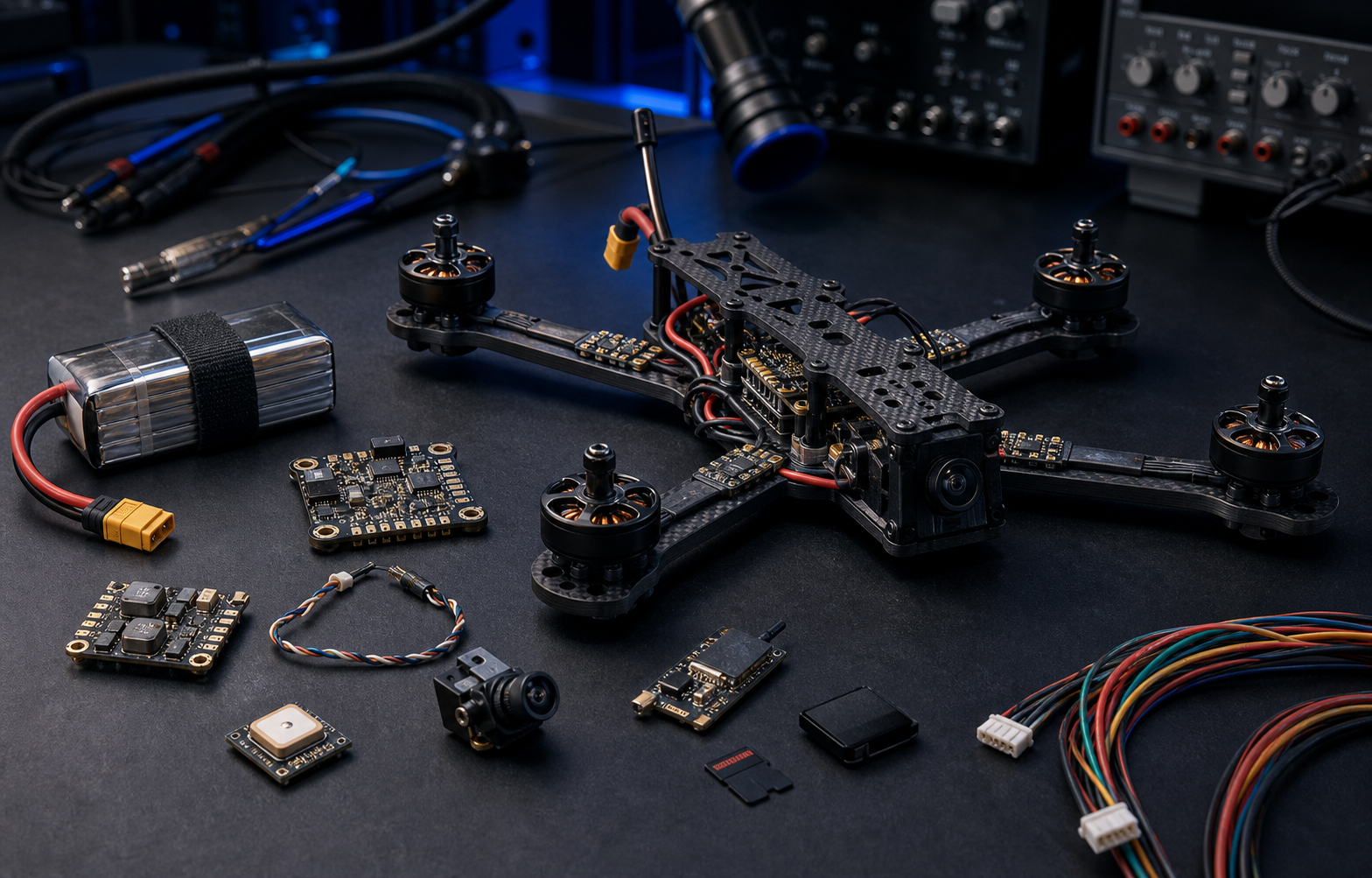 Фотография FPV-коптера и электронных модулей на испытательном стенде